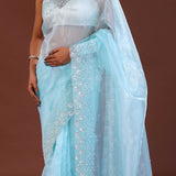 Sky Blue Tissue Organza Saree With Scallop Border