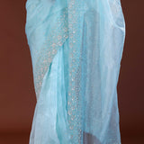 Sky Blue Tissue Organza Saree With Scallop Border