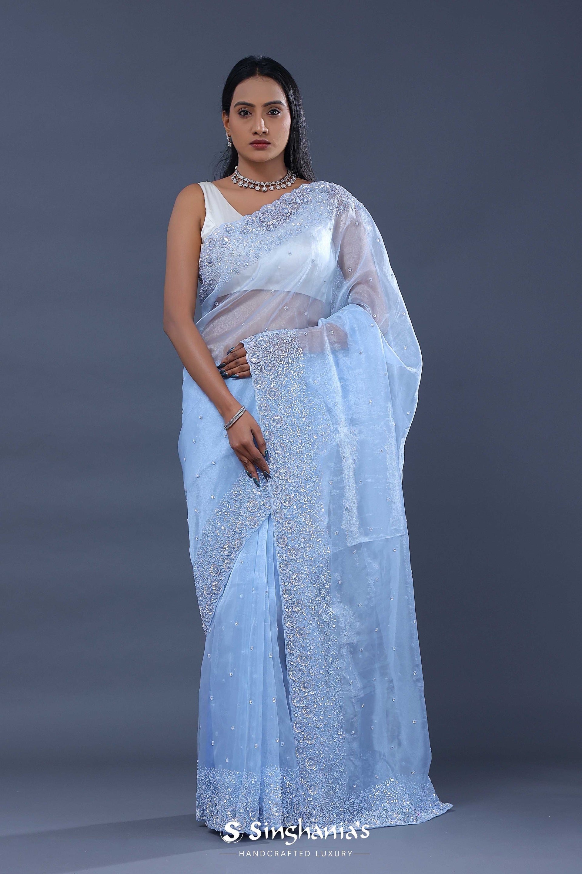  <img> blue organza tissue saree