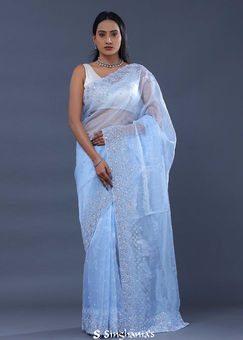  <img> blue organza tissue saree