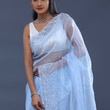 Baby Blue Tissue Organza Saree With Scallop Border