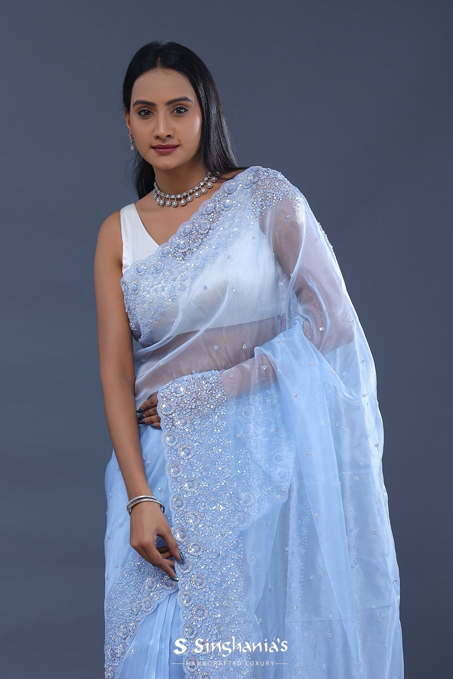  <img> blue organza tissue saree