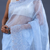 Baby Blue Tissue Organza Saree With Scallop Border