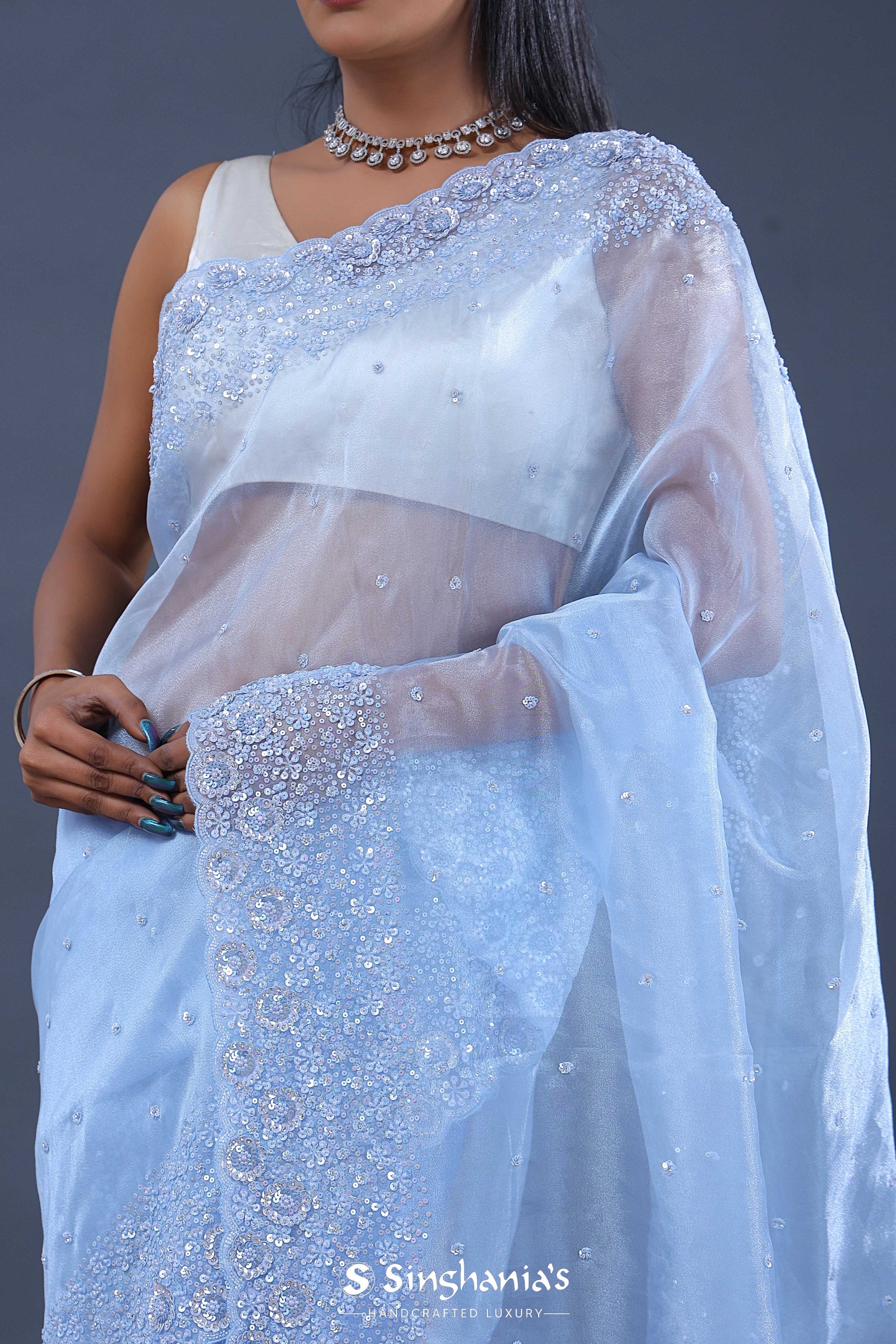  <img> blue tissue organza saree