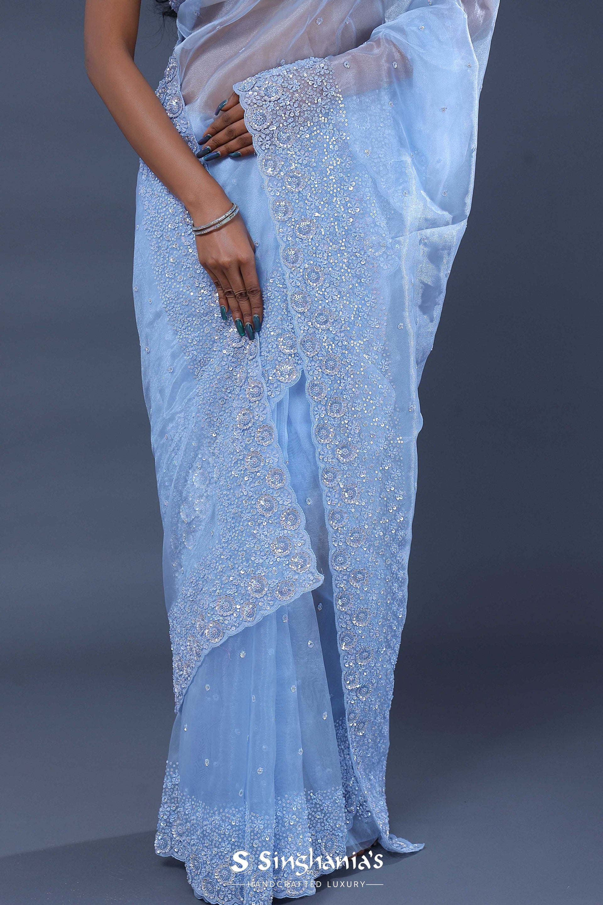  <img> blue tissue organza saree