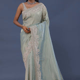 Misty Blue Tissue Saree With Scallop Border