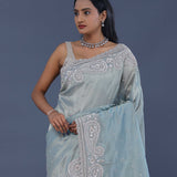 Misty Blue Tissue Saree With Scallop Border