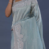 Misty Blue Tissue Saree With Scallop Border
