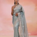 Jet Gray Organza Tissue Saree With Fancy Border