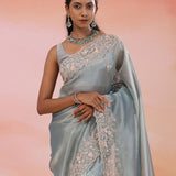 Jet Gray Organza Tissue Saree With Fancy Border