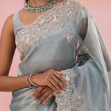 Jet Gray Organza Tissue Saree With Fancy Border