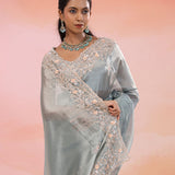 Jet Gray Organza Tissue Saree With Fancy Border
