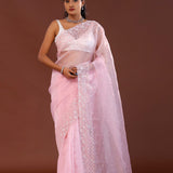 Baby Pink Organza Saree With Scallop Border