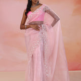 Pastel Pink Organza Tissue Saree With Scallop Border
