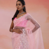 Pastel Pink Organza Tissue Saree With Scallop Border