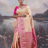 Soft Peach Kanjivaram Saree Wiith Pink Border