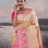 Soft Peach Kanjivaram Saree Wiith Pink Border