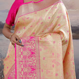 Soft Peach Kanjivaram Saree Wiith Pink Border