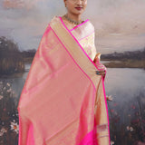 Soft Peach Kanjivaram Saree Wiith Pink Border