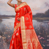 Vibrant Orange Kanjivaram Saree With Gold Zari Border