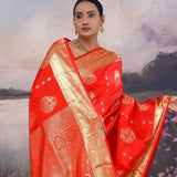 Vibrant Orange Kanjivaram Saree With Gold Zari Border