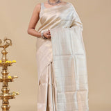 White Kanjivaram Saree With Silver Zari