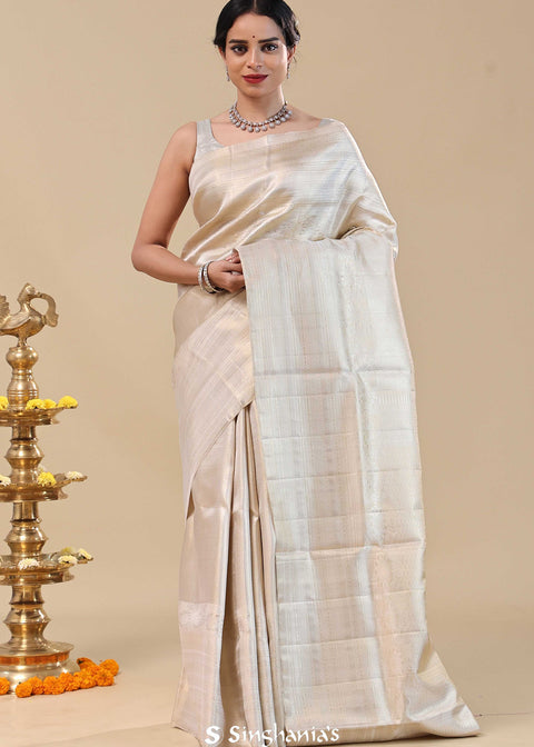 <img> White Kanjivaram silk Saree With Silver Zari