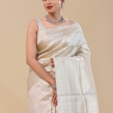 White Kanjivaram Saree With Silver Zari