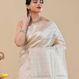 White Kanjivaram Saree With Silver Zari
