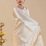 White Kanjivaram Saree With Silver Zari