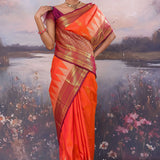 Orange Kanjivaram Saree With Burgundy Border