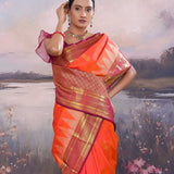 Orange Kanjivaram Saree With Burgundy Border