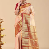 Crayola Peach Kanjivaram Saree With Contrast Border
