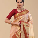 Crayola Peach Kanjivaram Saree With Contrast Border