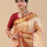 Crayola Peach Kanjivaram Saree With Contrast Border