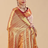 Crayola Peach Kanjivaram Saree With Contrast Border