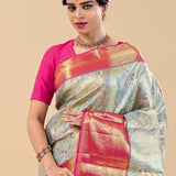 Magic Mint Kanjivaram Saree With Contrast Pink