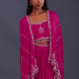 Bright Pink Chinon Crepe Indo-Western Skirt Set
