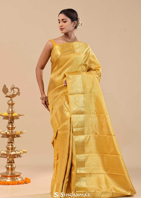 <img> Golden Yellow Kanjivaram Saree With Gold Zari