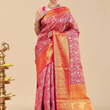 Crimson Red Kanjivaram Silk Saree With Leaf And Peacock Jaal