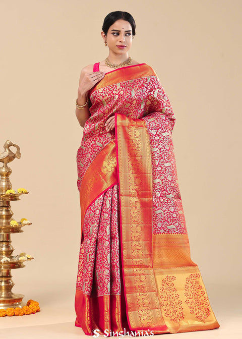 <img> Crimson Red Kanjivaram Silk Saree With Leaf And Peacock Jaal