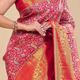 Crimson Red Kanjivaram Silk Saree With Leaf And Peacock Jaal