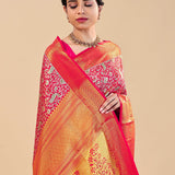 Crimson Red Kanjivaram Silk Saree With Leaf And Peacock Jaal