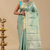 Turquoise Kanjivaram Saree With Gold Zari Design