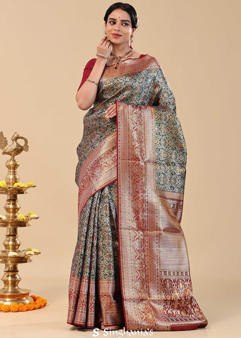 <img> Bottle Green Kanjivaram Saree With Contrast Border