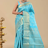 Vivid Sky Blue Kanjivaram Saree With Floral Jaal