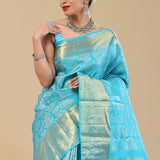 Vivid Sky Blue Kanjivaram Saree With Floral Jaal