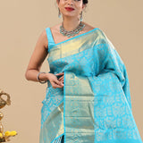 Vivid Sky Blue Kanjivaram Saree With Floral Jaal