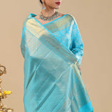 Vivid Sky Blue Kanjivaram Saree With Floral Jaal