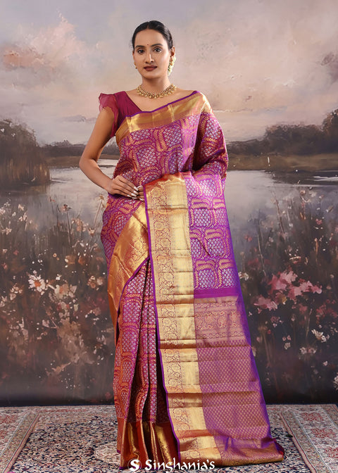 <img> Purple Jam Kanjivaram Silk Saree With Floral Design
